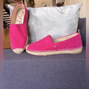Women’s Pink Suede Espadrilles, 1”Platform, Insignia on Back, Size8